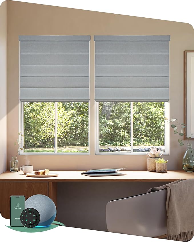 Yoolax Motorized Roman Shades with Remote, Smart Roman Shades for Indoor Windows, Blackout Automatic Blinds Work with Alexa, Google, Apple Homekit for Living Room Bedroom, Customized (Foggy White)