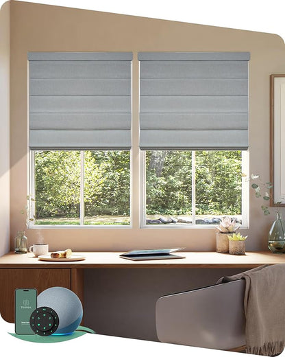 Yoolax Motorized Roman Shades with Remote, Smart Roman Shades for Indoor Windows, Blackout Automatic Blinds Work with Alexa, Google, Apple Homekit for Living Room Bedroom, Customized (Foggy White)