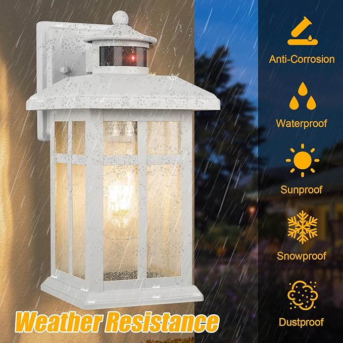 Brilvibera Dawn to Dusk Motion Sensor Wall Light Fixtures - White Wall Mount with E26 Sockets & Tempered Glass, Waterproof Outdoor & Indoor Lights for House, Porch, Garage, Door