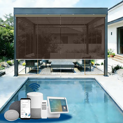 Motorized Outdoor Solar Shades, Custom Patio & Porch Blinds with Remote, Smart Exterior Shades Compatible with Apple HomeKit, Alexa & Google Home (5% Openness Coffee)