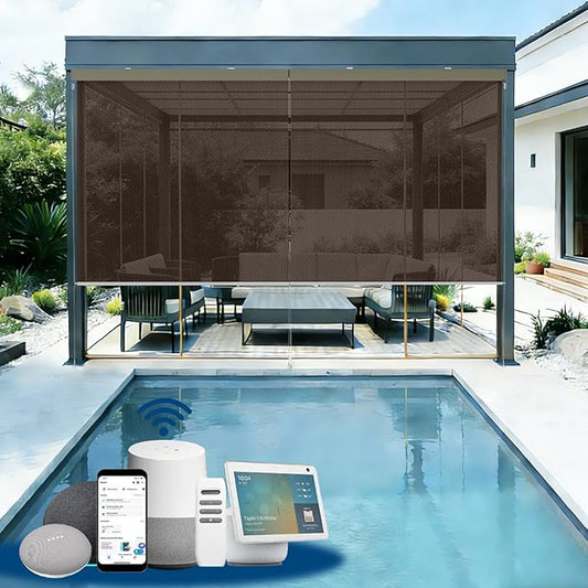 Motorized Outdoor Solar Shades, Custom Patio & Porch Blinds with Remote, Smart Exterior Shades Compatible with Apple HomeKit, Alexa & Google Home (5% Openness Coffee)
