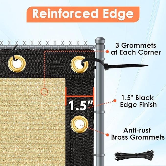 iCover 6x25ft Privacy Screen Fence, Outdoor Fencing Panels, Garden Windscreen Mesh Shade Sail Net Barrier, Include Reinforced Bindings and Brass Grommets Cable Zip Ties, Sand