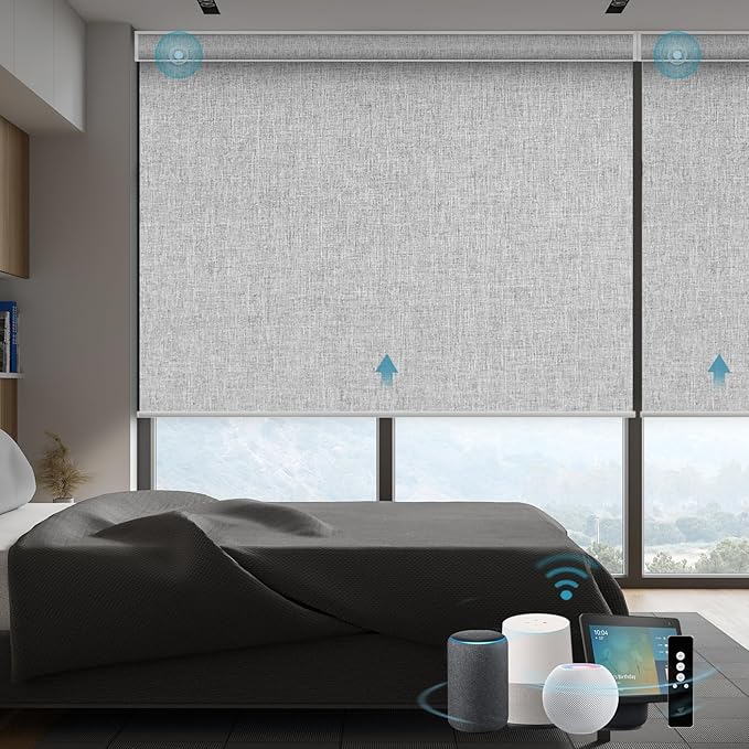 SmartWings Motorized Smart Blinds with Remote, Custom Automatic 100% Blackout Roller Shade Compatible with Alexa/Homekit/Google, Electric Smart Blinds for Indoor Windows, Bouvardia Light Grey