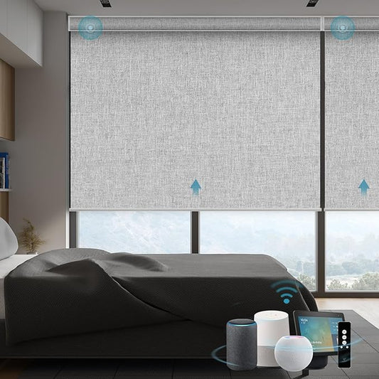 SmartWings Motorized Smart Blinds with Remote, Custom Automatic 100% Blackout Roller Shade Compatible with Alexa/Homekit/Google, Electric Smart Blinds for Indoor Windows, Bouvardia Light Grey