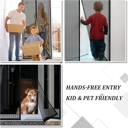 Magnetic Screen Door - Self Sealing, Heavy Duty, Hands Free Mesh Partition Keeps Bugs Out Let Breeze in- Pet and Kid Friendly - Keep Open Feature (Black, Fit Door Size 48 x 80 Inch)