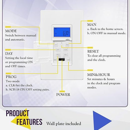 ENERLITES 7 Days Digital in-Wall Programmable Timer Switch for Lights, Fans, and Motors, Neutral Wire Required,7-Day 18 ON/Off Timer Settings, with Blue Backlight, UL Listed, HET01, White, 2 Pack | UL Listed, Digital In-Wall Switch Timer with 18 ON/OFF...