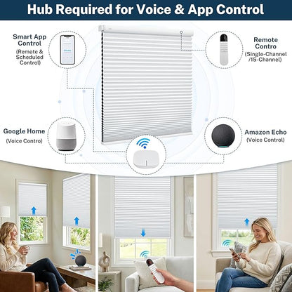 Motorized No Drill Cordless Cellular Shades, 1.5" Smart Electric Honeycomb Blind with Remote Control, Automatic No Drill Cellular Shades for Home and Office Indoor Window, Blackout White