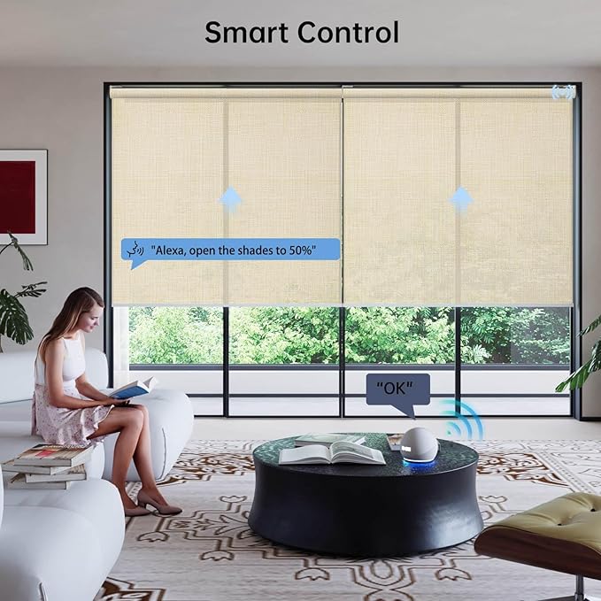 Motorized Coupled Shades, Light Filtering Smart Blinds for Large Windows Automatic Blinds Compatible with Alexa, Electric Roller Shades Customized for Living Room Home Office(Light Coffe)