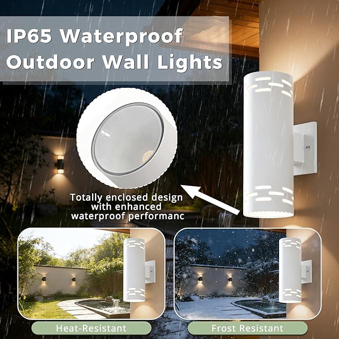 Dusk to Dawn Modern Outdoor Wall Lights 2 Pack, 12'' Up and Down LED Cylinder Exterior Lighting Fixtures, 23W 3000K IP65 Waterproof Wall Sconces for House, Garage, Patio, Porch, White