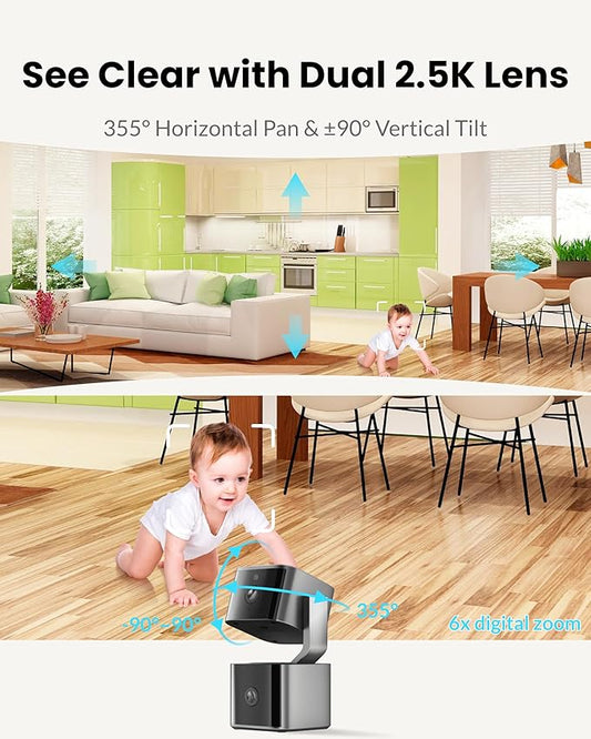 Dual Lens Security Camera Indoor 5G/2.4G WiFi, 2K+2K Pet Camera with Pan Tilt for Home, Baby Monitor, AI Tracking, Color Night Vision, 2-Way Talk, No Dead Zone, 355° View, Alexa/Google