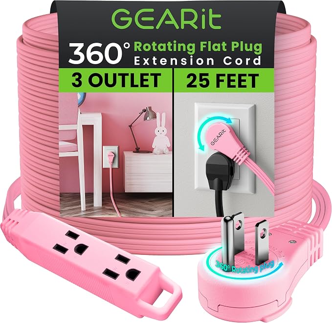 GEARit 25 ft 360° Rotating Flat Plug Extension Cord, 3 Outlet Low Profile Power Cord, 16 AWG 13A 3 Prong Grounded Indoor Cord, ETL Listed, Space-Saving for Furniture, Pink