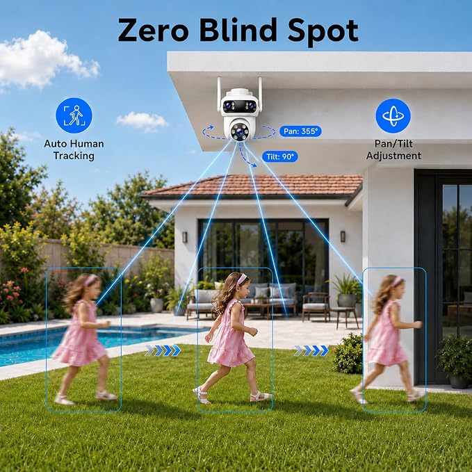 CAMCAMP Triple-Lens Security Camera Wireless Outdoor, Remote Access via APP | 1 Cam 3 views, auto tacking, human detected, plug-in power WiFi Pro, Color Night Vision, for big home side yard Gate Driveway
