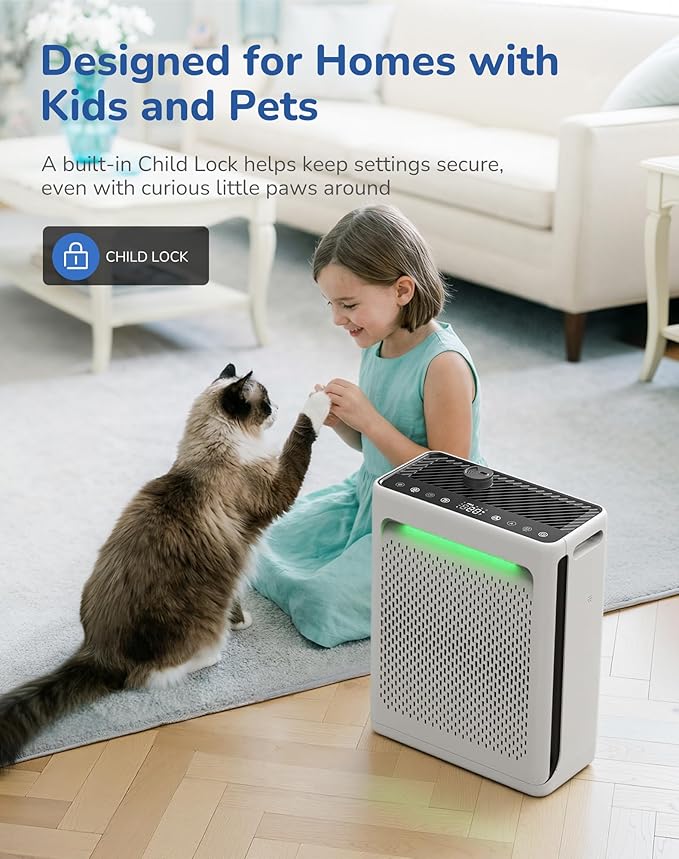 Air Purifier for Home Large Room, CADR 270 Powerful Bedroom Air Cleaner|Washable Pre-Filter, Sleep Mode, AQI Display, AUTOMode with Aromatherapy, Reduce Pets Hair Dust Pollen Odor, DH-JH023 White