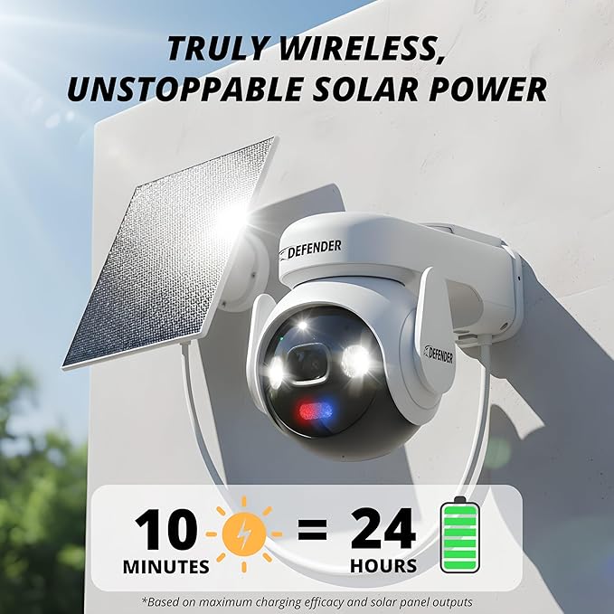 Defender Solar Powered 4K AI Guard Ultra-Charge PTZ Wireless WiFi Security Camera, 64GB SD Card, 5W Solar Panel, 10,000 mAH Battery, 24/7 Recording, AI Tracking, Two-Way Talk, Works with Guard App