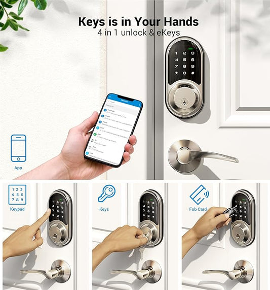Veise RZ06B Smart Lock for Front Door, 2 Lever Handle Set, Keyless Entry Deadbolt, App Control, Electronic Digital Touchscreen Keypad, Auto Lock, IP54 Waterproof, Easy Installation, Satin Nickel