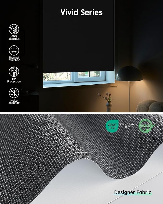 Yoolax Motorized Blinds with Remote, Designer Smart Blinds Work with Alexa, Google, Apple Homekit, 100% Blackout Motorized Shades Custom Electric Shades Voice Control (V-Jungle Grid Black)