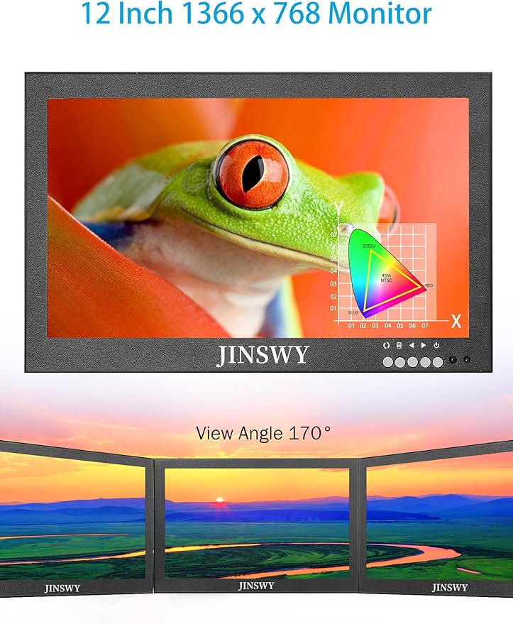 12" Mini Security Monitor, IPS 1366x768 Metal Screen, HDMI/VGA/AV/BNC/USB Input, Built-in Speakers & Remote, Small Monitor for CCTV Surveillance and Security Systems