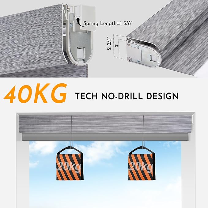 Persilux No Drill No Tools Smart Zebra Blinds, Dual Layer Privacy for Day and Night, Automatic Zebra Drilless Blackout Shades for Windows, Thermal Insulated,Custom Sizes,Bella Light Gray, RS20288-7