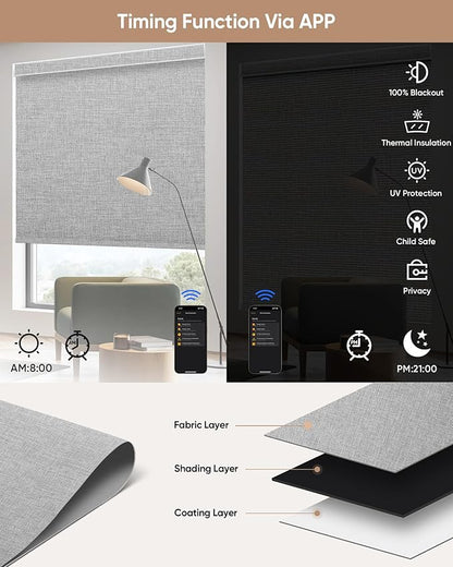 Motorized Blinds with Remote: Kincmo 100% Blackout Roller Shades Work with Apple Homekit,Alexa,Google Home, Customized Electric Blinds with App,Voice Control (100% Blackout Natural Grey)