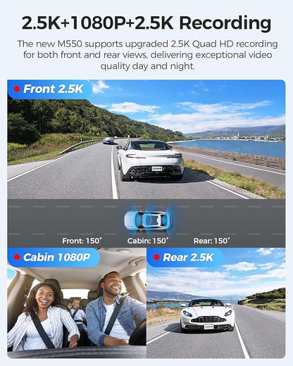 AZDOME M550 3CH Dash Cam 4K - 3.19" Screen IR Night Vision - 24H Parking Mode - 3-Channel Dash Cam - Interior IR Camera - Built-in GPS & WiFi - Three-Mode Parking Monitor