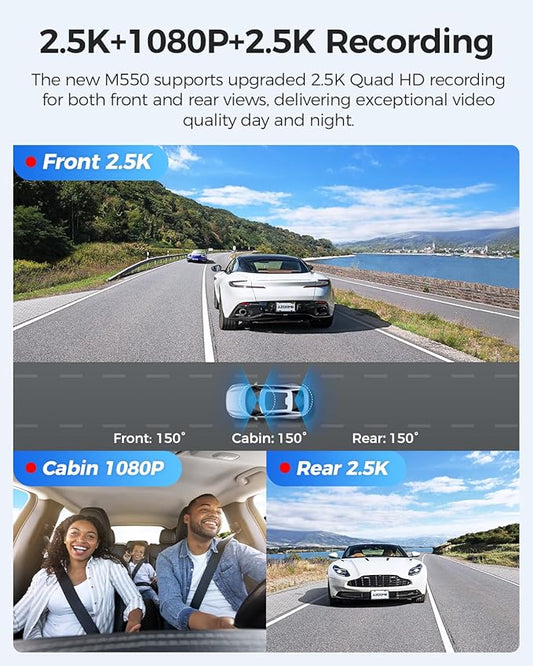 AZDOME M550 3CH Dash Cam 4K - 3.19" Screen IR Night Vision - 24H Parking Mode - 3-Channel Dash Cam - Interior IR Camera - Built-in GPS & WiFi - Three-Mode Parking Monitor