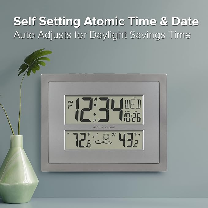 La Crosse Technology 512-85937 Gray Atomic Digital Clock with Temperature | Color: Gray/Silver, Forecast, Atomic Time, DST reset, Crescendo Alarm, Wireless 330ft range transmits Outdoor temperature