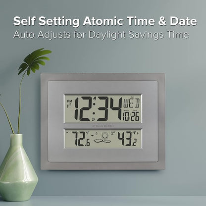 La Crosse Technology 512-85937 Gray Atomic Digital Clock with Temperature | Color: Gray/Silver, Forecast, Atomic Time, DST reset, Crescendo Alarm, Wireless 330ft range transmits Outdoor temperature