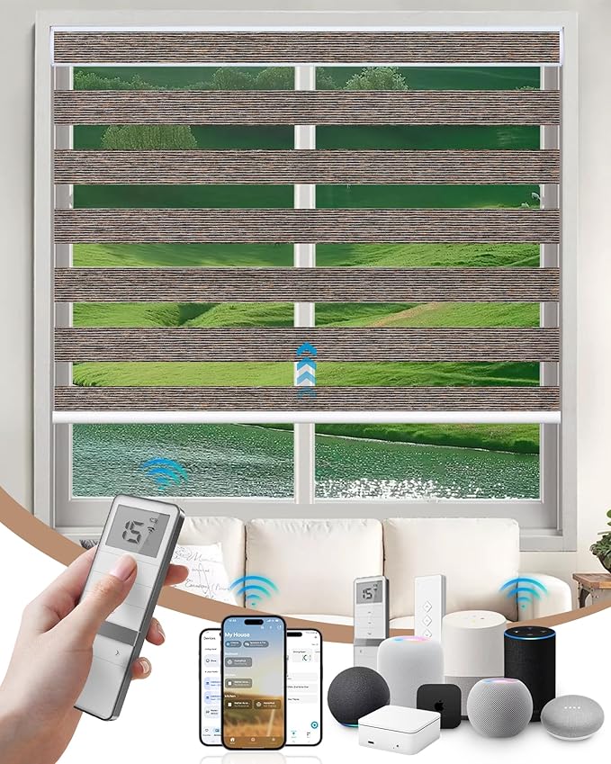Kincmo Motorized Blinds with Remote, Motorized Zebra Shades Work with Apple Homekit,Alexa,Google Home, Customized Electric Blinds with Remote,App,Voice Control (60% Blackout Monet Brown)
