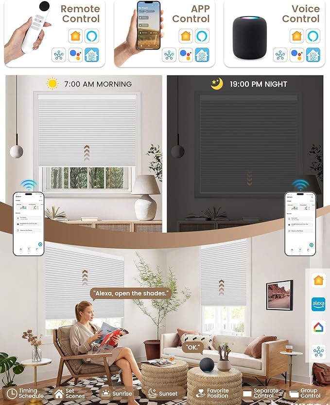 Kincmo Motorized Cellular Shades, Custom Motorized Blinds with Remote, Cordless Smart Electric Honeycomb Blinds Work with Apple HomeKit, Alexa, Google (100%-Blackout-Single-Cell White)
