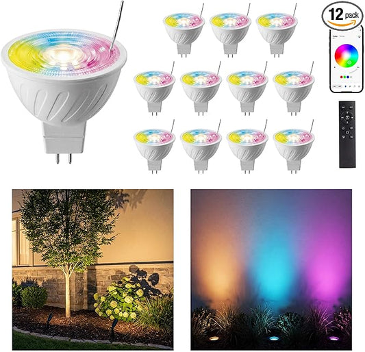 Gardenreet RGBCW MR16 LED Bulb, 12V Low Voltage Dimmable Halogen Replacement for Landscape Lighting & Indoor Accent Systems, Color Changing & Warm White, GU5.3 Bi-Pin, Bluetooth Mesh 65ft, 12 Pack