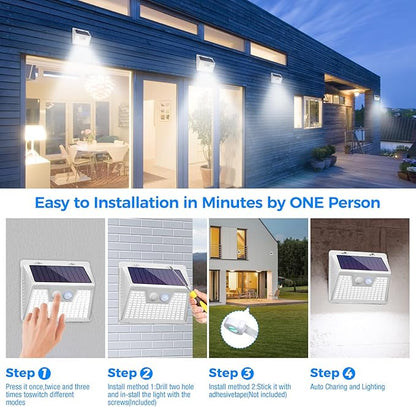 Peasur Solar Powered Lights Outdoor Motion Sensor, 2 Pack 140 LED Fence Light Waterproof, White Frame Security Wall Lighting for Outside Deck Yard Patio House Step
