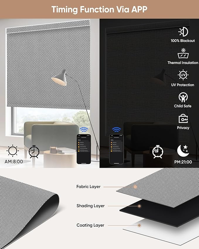 Motorized Blinds with Remote: Kincmo 100% Blackout Roller Shades Work with Apple Homekit,Alexa,Google Home, Customized Electric Blinds with App,Voice Control (100% Blackout Essential Grey)