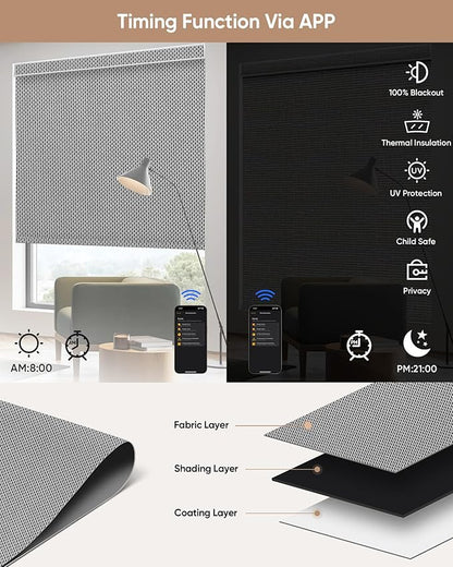 Motorized Blinds with Remote: Kincmo 100% Blackout Roller Shades Work with Apple Homekit,Alexa,Google Home, Customized Electric Blinds with App,Voice Control (100% Blackout Essential Grey)