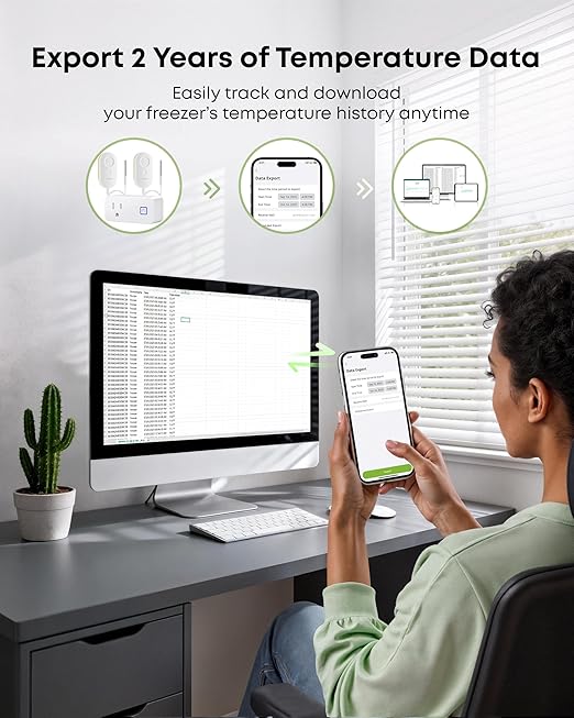 MOCREO WiFi Refrigerator Thermometer with Freezer Alarm, App Email Buzzer Alerts, Power Outage Alert, Pass-Through Outlet Hub, 2 Sensors, Ultra-Flat Probe, Remote Temperature Monitor for Home Kitchen