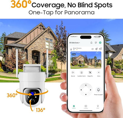 Camii 4G LTE Cellular Security Smart Camera No WiFi 360°View 2K HD Cameras Outdoor Solar Battery Powered 2K Cam for Home Security Color Night Vision Motion Detection SIM Card/SD Card Storage
