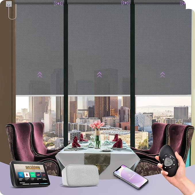 Graywind Motorized Solar Shades Compatible with Alexa Google Hardwired WiFi Smart Light Filtering Blind Remote Control Automated Blinds Electric Window Shade, Custom Size (5% Openness Grey)