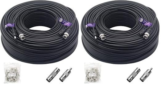 300Ft (91 Meters) 4K 8MP 5MP 2MP 1080P BNC Video and Power Cable, Mini RG59 Wire for CCTV Security Camera Systems, with BNC Connector, RCA Adapter, Cable Clips (Pack of 2)