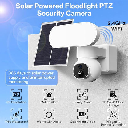 Wireless Floodlight Camera with Solar Panel, Solar PIR Motion Sensor 2000LM Flood Light, Waterproof 2K 360° PTZ Camera for Home Security, 24/7 Surveillance, Local/Cloud Storage, Compatible with Alexa