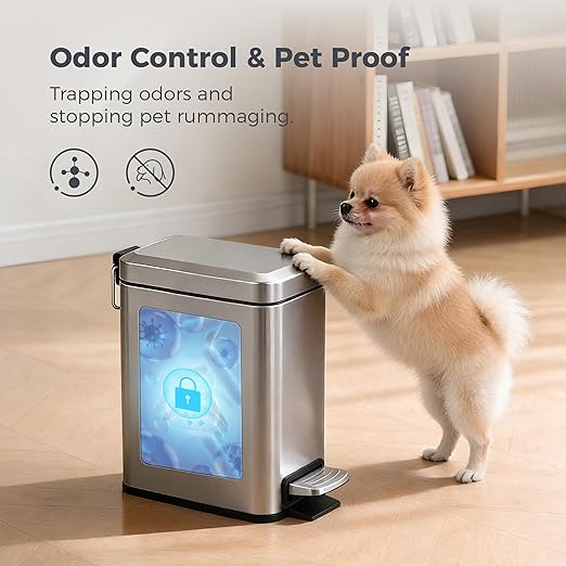 Sineng 1.6 Gallon Stainless Steel Slim Rectangular Pedal Trash Can with Soft Close Lid,Space-Saving Waste Bin for Bathroom,Bedroom,Durable Pedal Step Trash can,Compact Trash bin