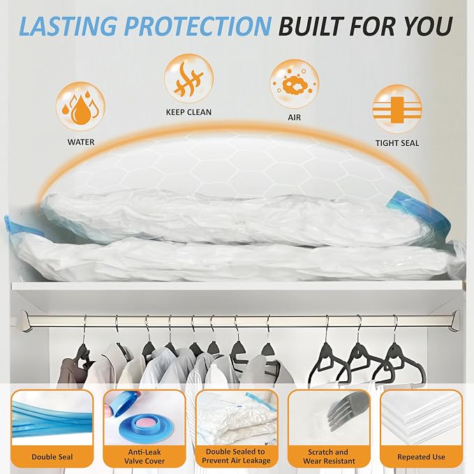 Vacuum Storage Bags with Hand Pump, Vacuum Seal Space Saver Bags,12 Large | 80% Space-Saving Bags for Clothes, Blankets, Pillows & Bedding;Double-Zip Airtight Seal;For Closets, Home & Travel Storage
