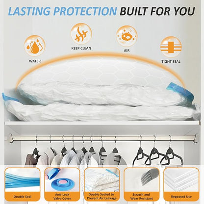 Vacuum Storage Bags with Hand Pump, Vacuum Seal Space Saver Bags,12 Large | 80% Space-Saving Bags for Clothes, Blankets, Pillows & Bedding;Double-Zip Airtight Seal;For Closets, Home & Travel Storage