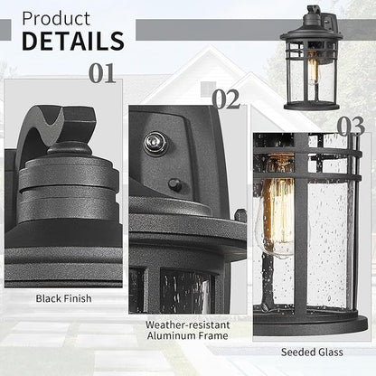 Darkaway Dusk to Dawn Outdoor Porch Wall Light,Outside Wall Mounted Light Seeded Glass Exterior Waterproof Lantern 14.57inch Large Modern Wall Sconce Lighting for House Front Door Garage