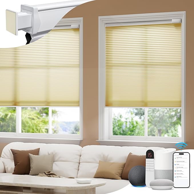 No Drill Motorized Cellular Shades, Cordless Light Filtering Honeycomb Blinds for Windows, Smart Automatic Blinds Compatible with Alexa/Google Home/Smarthings, Beige