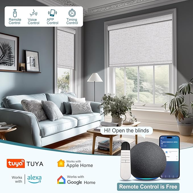 BERISSA Smart Motorized Blinds with Remote,APP/Voice Control Automatic Roller Shades for Indoor Windows,Blackout&Light Filtering Rechargeable Electric Window Blinds for Home,Office,Custom Color&Size