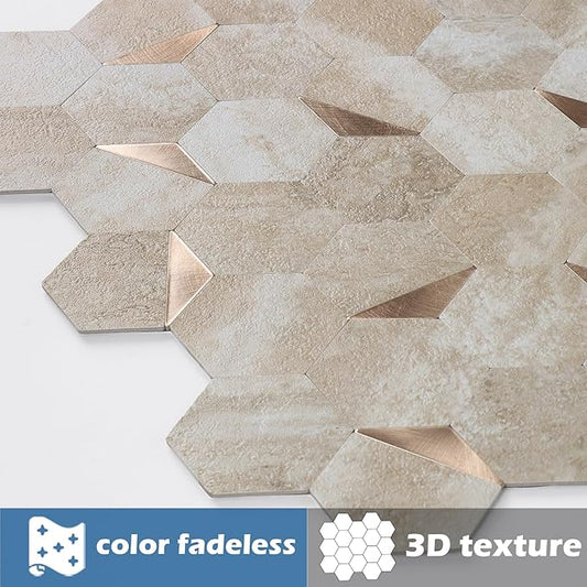 10 Sheets Beige Slate Hexagon Peel and Stick Backsplash for Kitchen Wall, Heat Resistant Stick on Backsplash PVC Smart Tiles, Waterproof Peel and Stick Wall Tiles for Bathroom