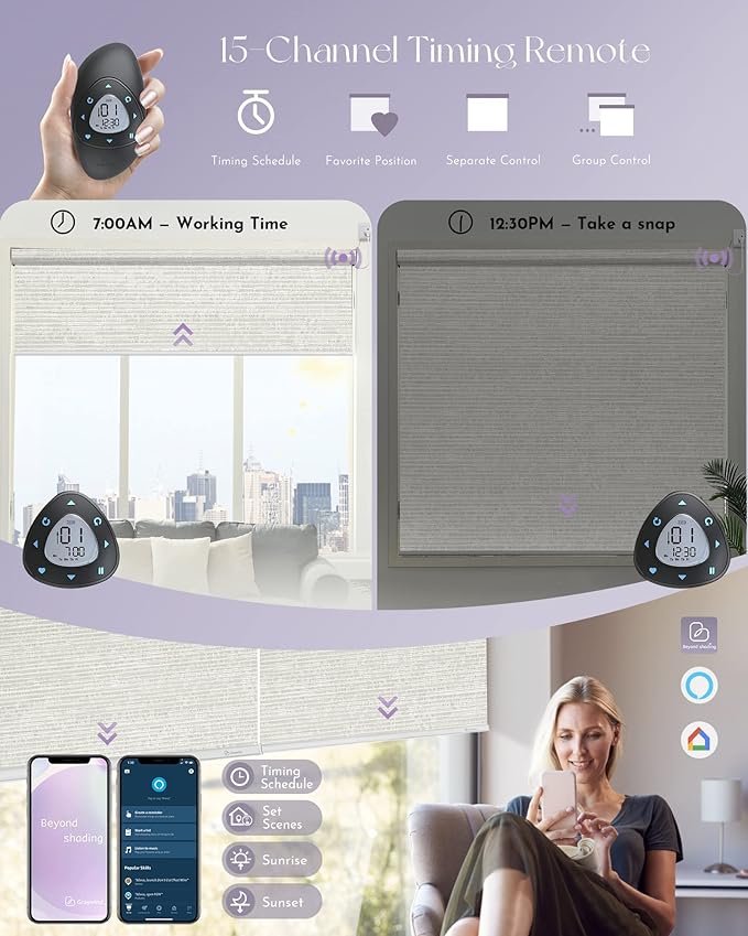 Graywind Smart Blackout Roller Shades Work with Alexa Google WiFi Hardwired Textured Fabric Motorized Blinds Remote Window Shades, Custom Size (Metallic Fuscous Grey)