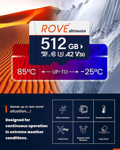 ROVE Ultimate Micro SD Card microSDXC 512GB Memory Card with USB 3.2 Type C Card Reader 170MB/s C10, U3, V30, 4K, A2 for Dash Cam, Android Smart Phones, Tablets, Games