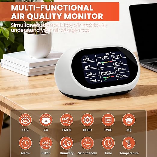 EONIX 11 in 1 Air Quality Monitor Indoor,Portable CO Detector,Real-Time for CO2,AQI, PM1.0,PM2.5,PM10,TVOC, HCHO and Others,Home,Hotel,Office,Car,Air Quality Tester for Home