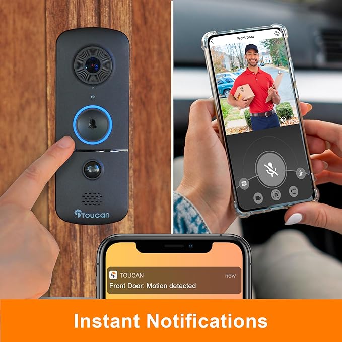 TOUCAN Wireless Video Doorbell V3D – Battery Powered Smart Doorbell Camera, HD Wide Angle, Motion Detection, 2-Way Audio, Night Vision, Easy Install, No Subscription Required, (No Chime)
