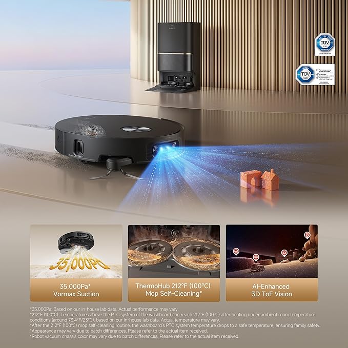 DREAME L60 Ultra Robot Vacuum and Mop, 35,000Pa Suction, Detangling Brush, AI-Enhanced 3D ToF Vision, 100℃ Mop Self-Cleaning, 280+ Object Types, Extendable Side Brush and Mop, Black